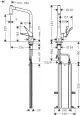 Hansgrohe Spültischmischer mit ausziehbarer Brause, sichtbare Elemente zur Montage und Abmessungen. Technische Zeichnung mit Maßangaben und Anschlussdetails für Installationen.